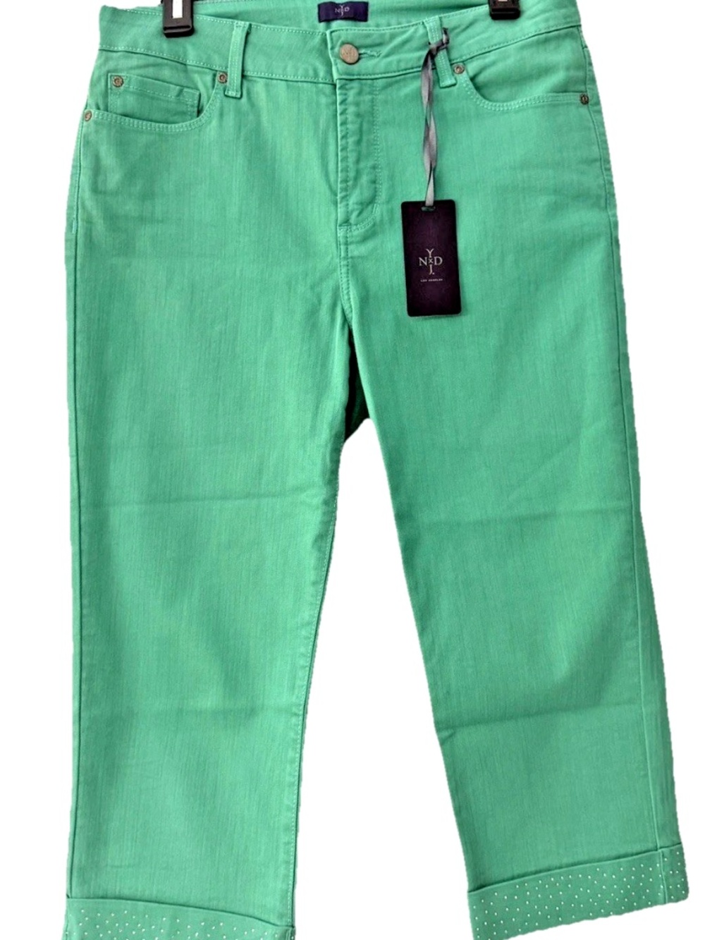 NEW NYDJ Cropped Denim Jeans Green Pants Rhinestones Stretch Cotton Cuffed 10